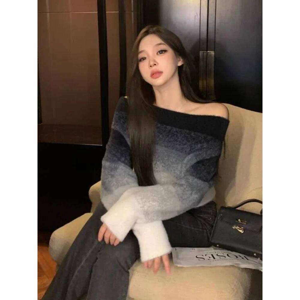 Slash Neck Sweaters Women Gradient Color Advanced Slouchy All-match American Style Long Sleeve High Street Sexy Knitwear Autumn Z260313