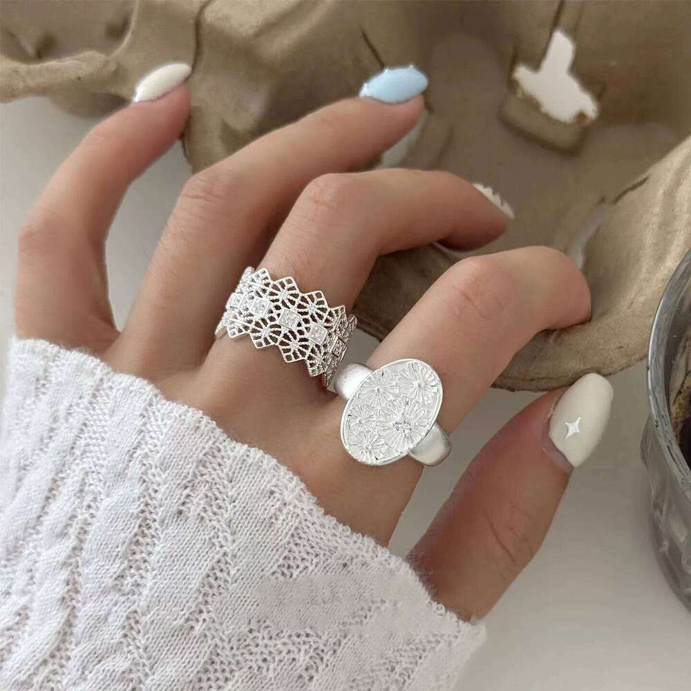 925 Sterling Silver Rings Women Geometric Fine Jewelry Finger Adjustable Simple Oval Flower Ring For Party Birthday Gift H260312