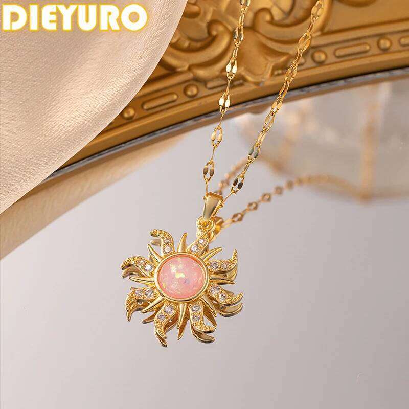 DIEYURO 316L Stainless Steel Pink Sun Flower Zircon Pendant Necklace For Women New Trend Fashion Neck Jewelry Glamorous Gift H260312