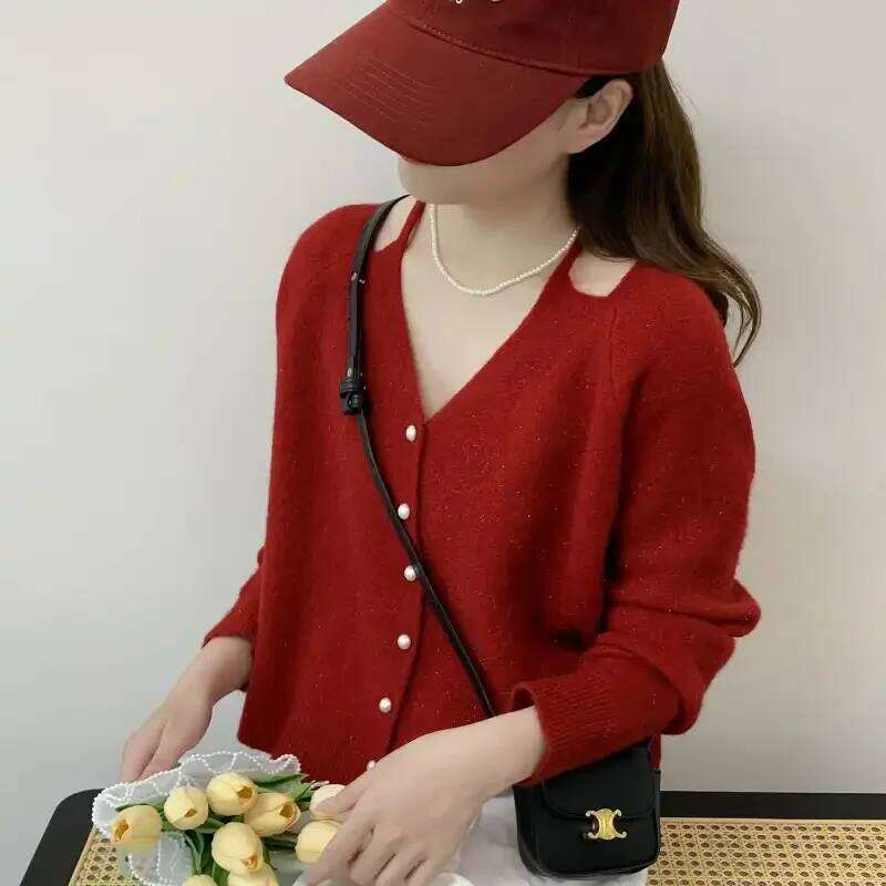 V-neck Knitted Cardigan Women's Autumn and Winter Solid Color Long-sleeved Fashion Top Z260313