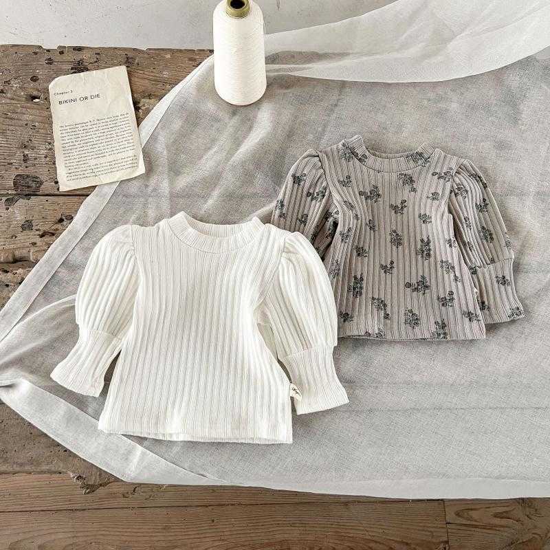 Women's Knits & Tees Children's Spring and Autumn Versatile Baby Girls' Stylish Floral Print Top with Puff Sleeves Ribbed T-Shirt for G