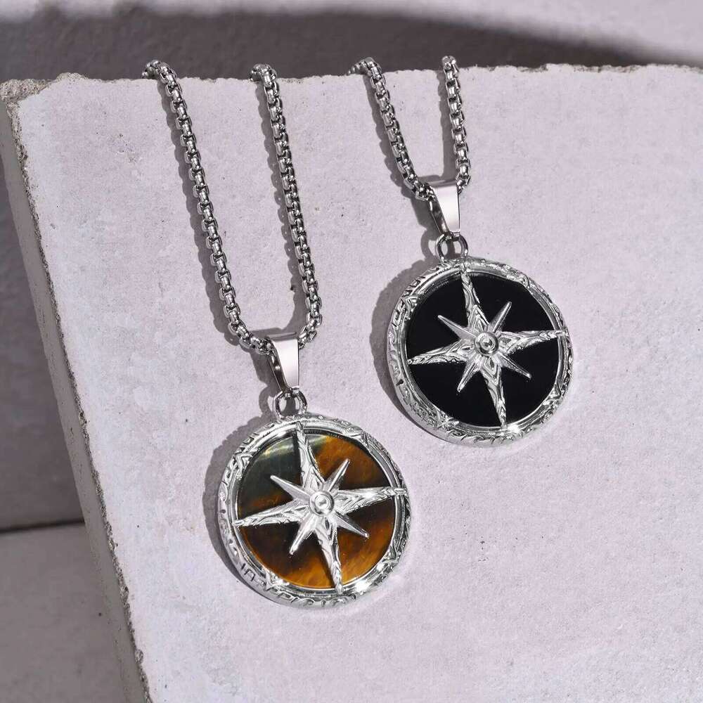 Stylish Natural Stone Necklace for Men,Eight-pointed Star Round Pendant Necklace,Cool Punk Birthday Father Gifts H260312