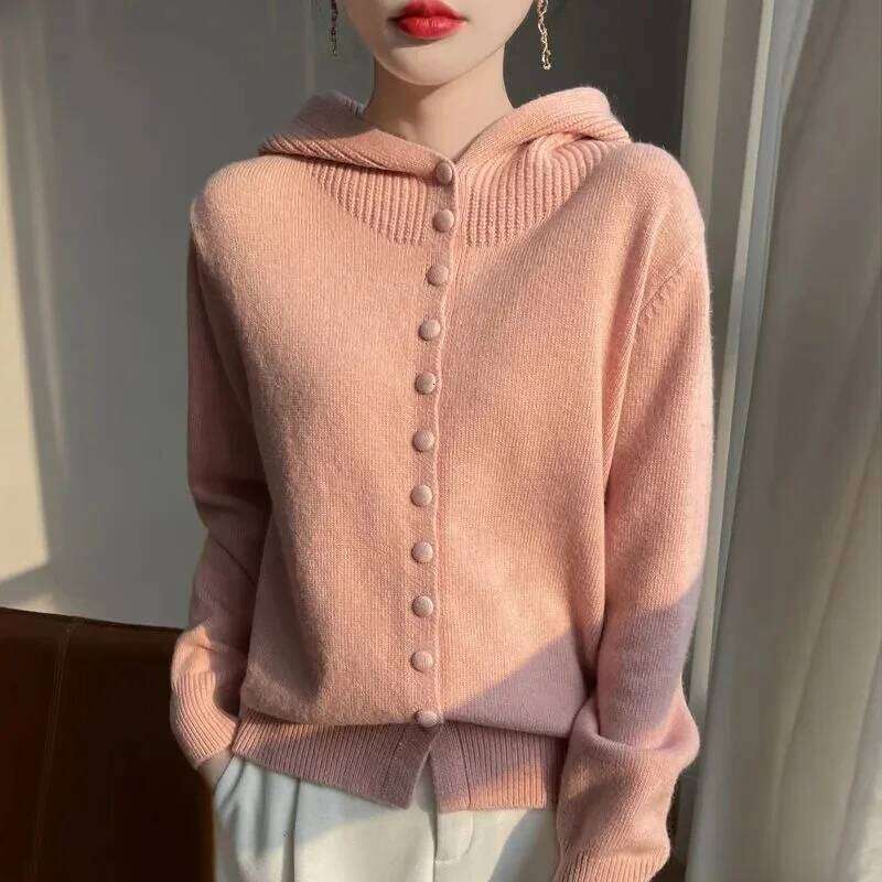 100% Merino Wool Sweater Korean Fashion Coat Solid Color Top 2025 Spring/Autumn/Winter Women Hooded Cardigan Z260313