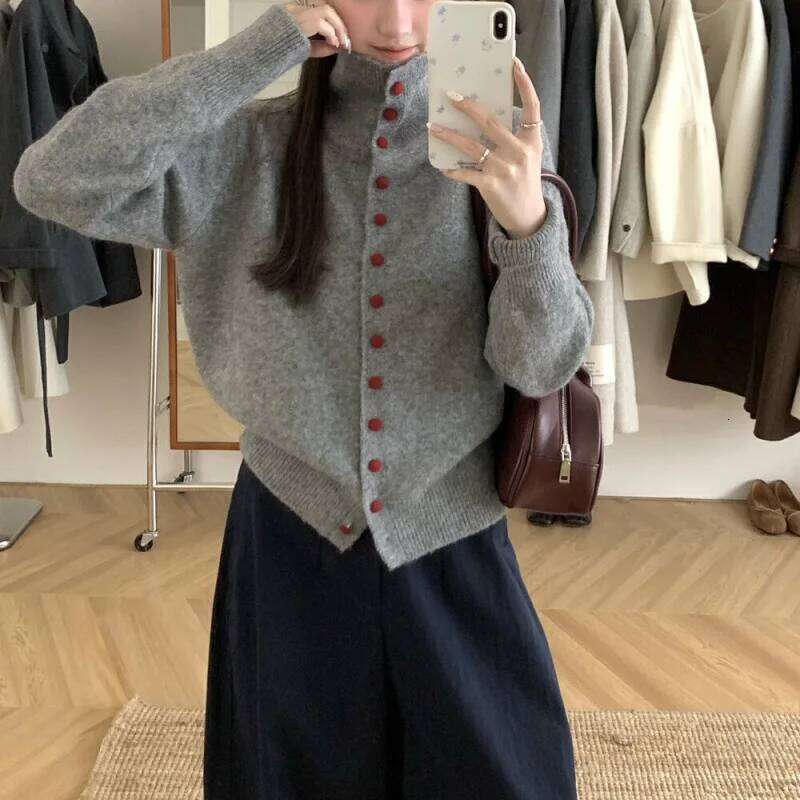 Cardigans Casual High Neck Knit Loose Single Solid Breasted Coats Lazy Style Outerwear For Women In Autumn Winter Z260313