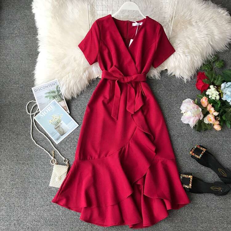 Designer elegant ruffled slit tie slim fit V-neck women's short sleeved dress A15 medium length irregular style 2026