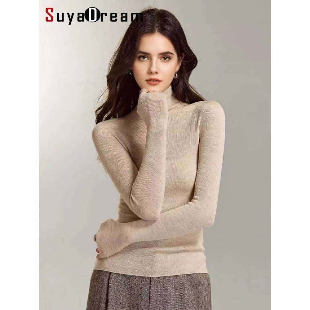 SuyaDream, Women Turtleneck Pullovers, 100%Merino Wool, High Collar, Whole Garment Sweaters, 2025 Fall Winter Slim Warm Top Z260313