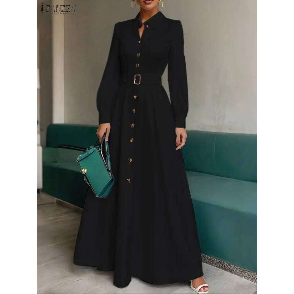 ZANZEA Elegant Women's Shirtdress 2025 Autumn Turn-Down Collar Long Sleeve Button Up Belted A-Line Maxi Dresses Office Commuting Z260314