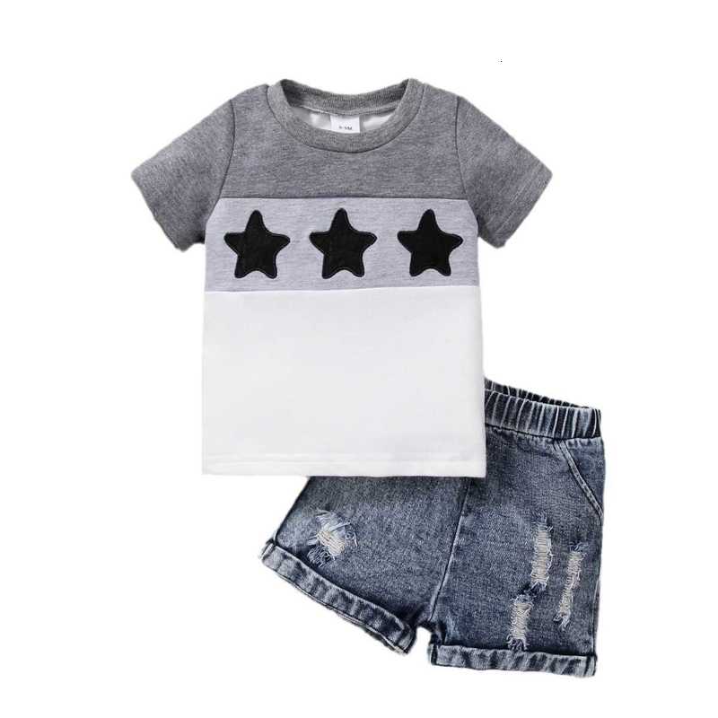 Clothing Sets Summer new style girls' patchwork top with short sleeves washed distressed children's clothing denim pants boys' denim se