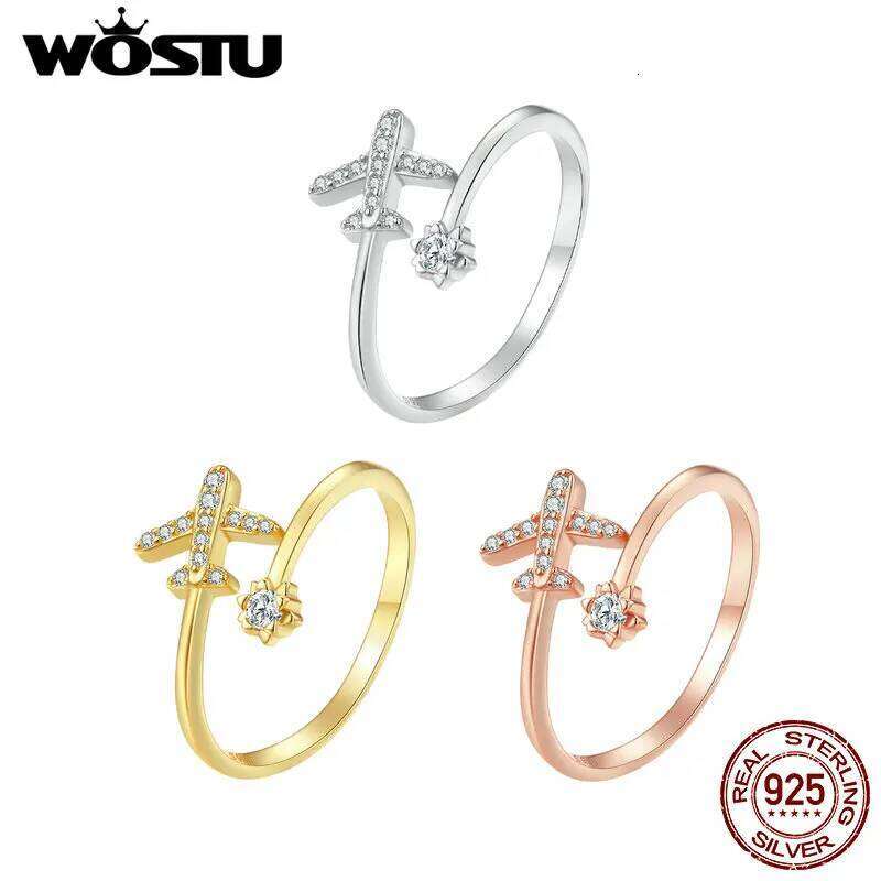 WOSTU 925 Sterling Silver Rose 18K Gold aircraft Opening Rings For Women Delicate Zircon Airplane Ring Party Jewelry Gift H260312