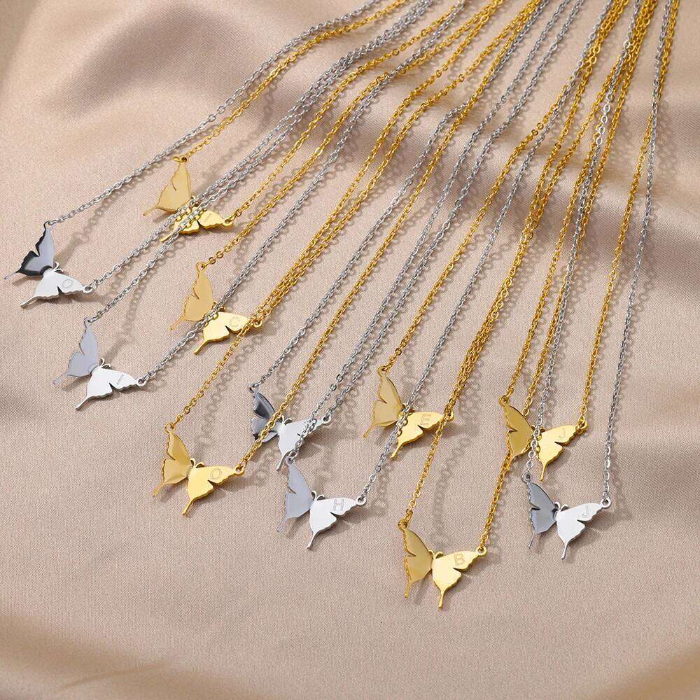 Stainless Steel Initial Letter Necklaces For Women Minimalist Gold Color Butterfly Name Necklace Wedding Jewelry BFF H260312
