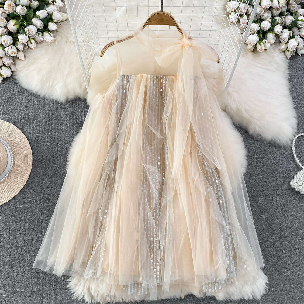 Designer French Sweet Fairy Skirt Gentle Style Loose fit Round Neck a20 Sleeveless Glitter A-line Mesh Skirt