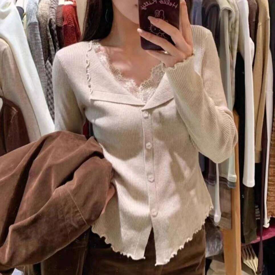 Fashion Slim Long Sleeve Single Breasted Cardigan Women's Knitted Sweater Autumn Winter Casual Lace Splice V-neck Women Sweaters Z260313