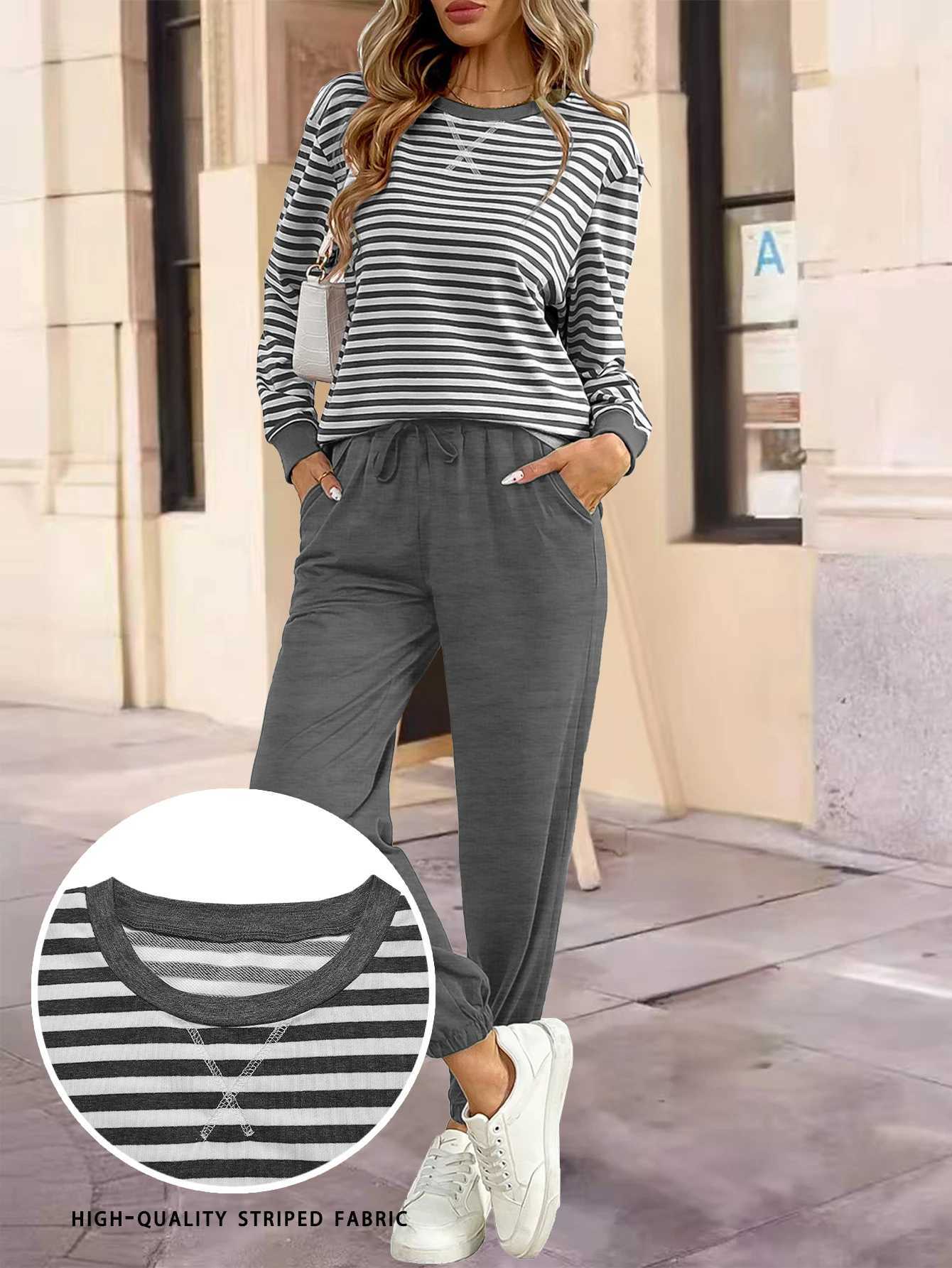 Women Striped Long Sleeve Two-Piece Set Loose wiTH PoCKets Casual Sportswear Outfit for Outdoor Shopping M260313