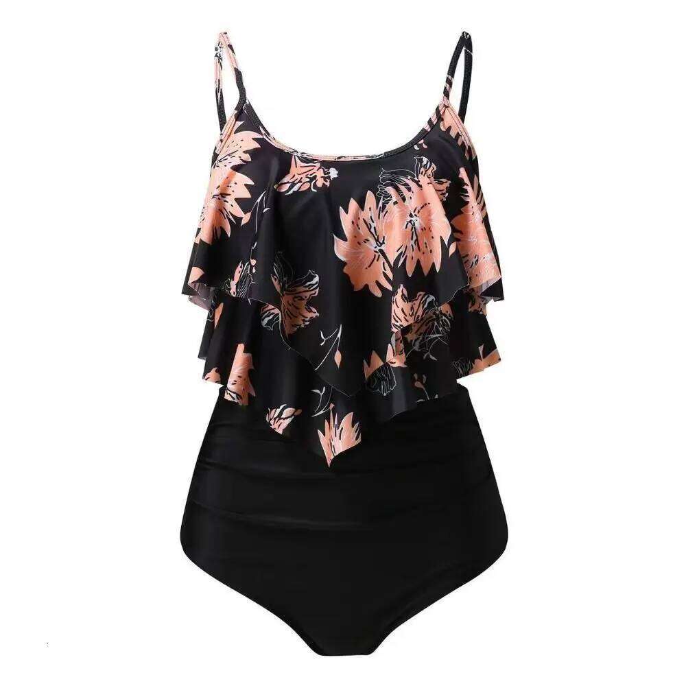 U-neck Sleeveless Floral Printed Swimwear Split Skinny Solid Color High Waist Bikini Striped Design Nylon Material Y260303