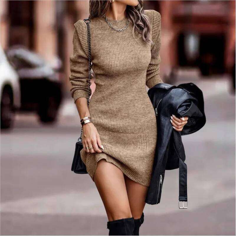 Round Neck Dress Solid Color Vestidos Knitted All-match Dresses 2025 Woman Long Sleeves Package Hip Slim Commuting Temperament Z260313