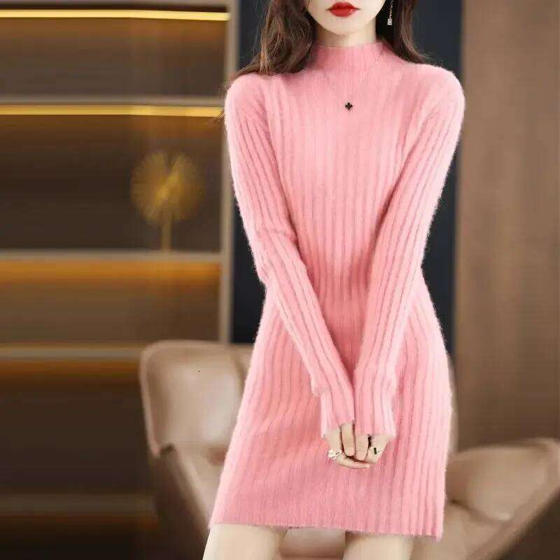 Imitation Mink Fur Chic Fashion Sweater Dress Winter Women Autumn Half High Collar Loose Pullover Korean Knitted Dresses Z260314