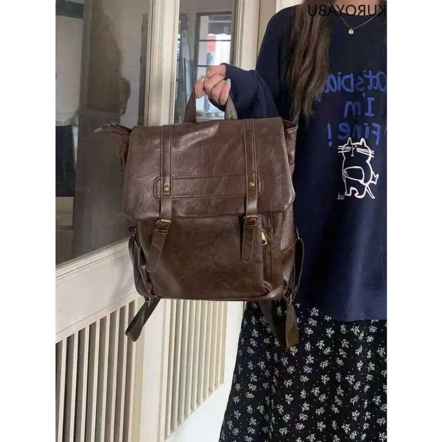 Vintage Brown Jk Backpacks Women High Street Preppy Style Pu Leather Backpack Ladies Harajuku Casual School Bag Fashion Y2k Bags Daily Versatile Bag