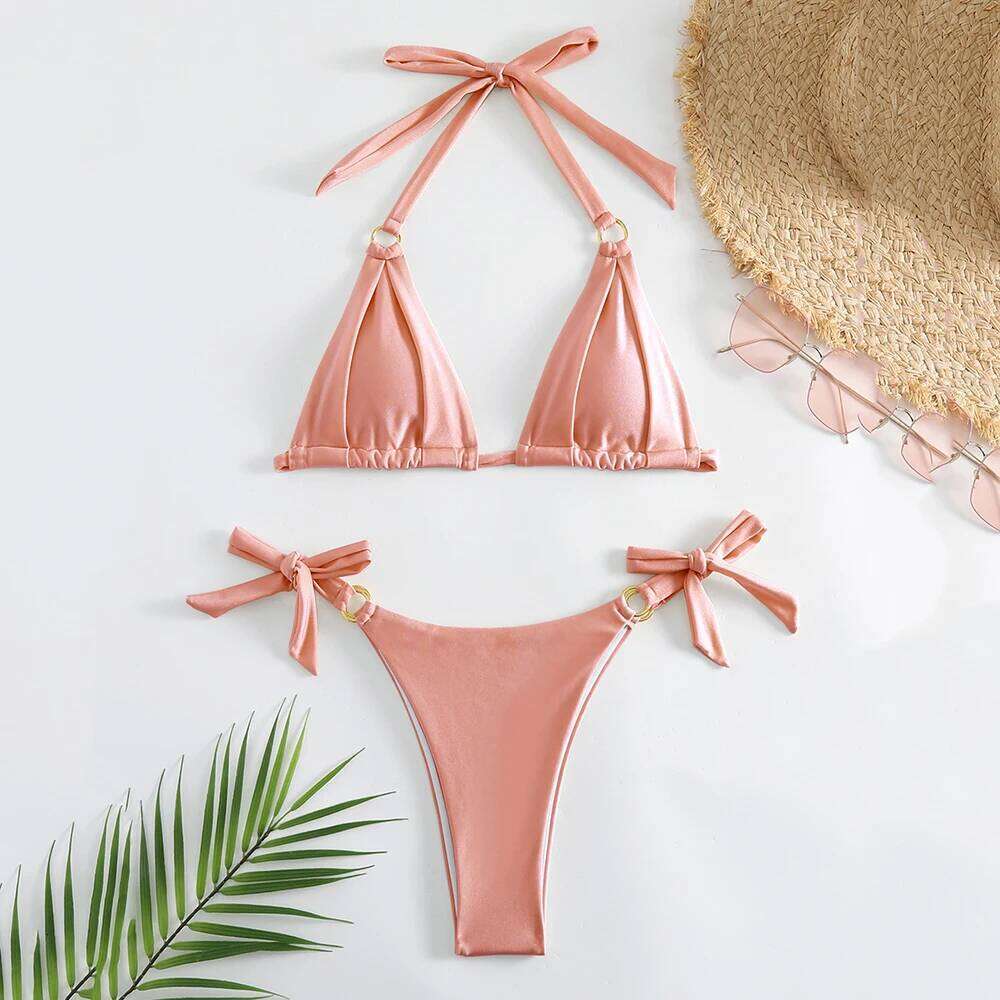 White Ruched Bow Kontted Swimwear Halter Micro Bikini Thong Sexy Swimsuit Women Metal Ring Bathing Suit Bikinis Sets 2025 Bather Y260303