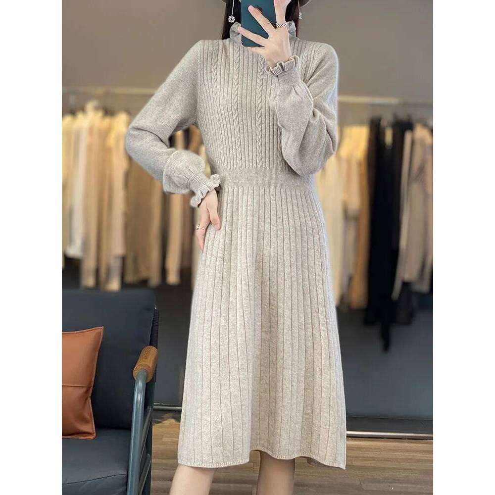 100% Merino Wool Women's Pullover Dress With Fungus Collar Autumn Winter Casual Fashion Knitted Cashmere Long Skirt Z260313