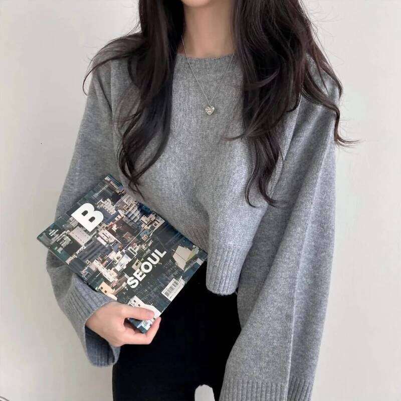 2025 Autumn Winter Korean Chic Sweater New Lazy Style Solid Color Loose Long-sleeved O-Neck Knitted Pullovers Z260313