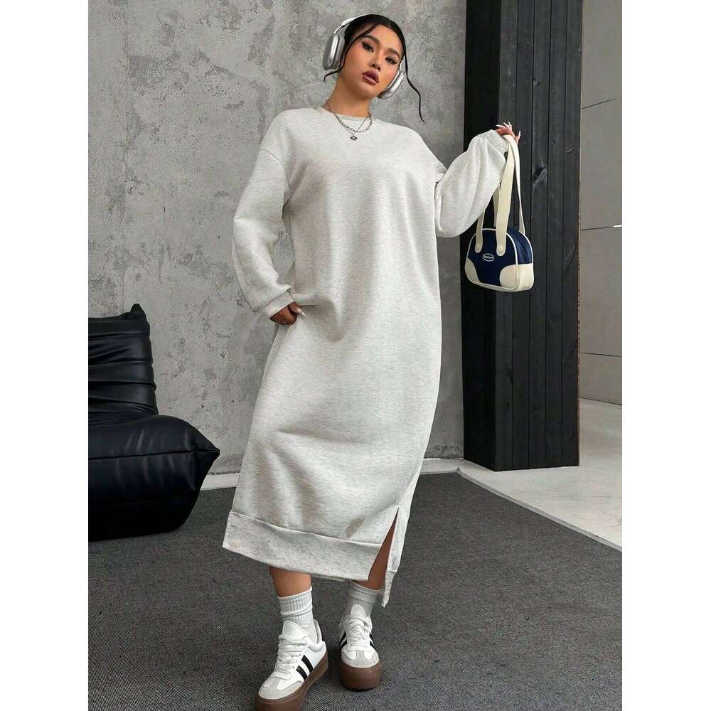 Plus Size Loose Casual Long Fleece Sweatshirt Dress, Autumn/Winter Sweater Dress Women Z260313