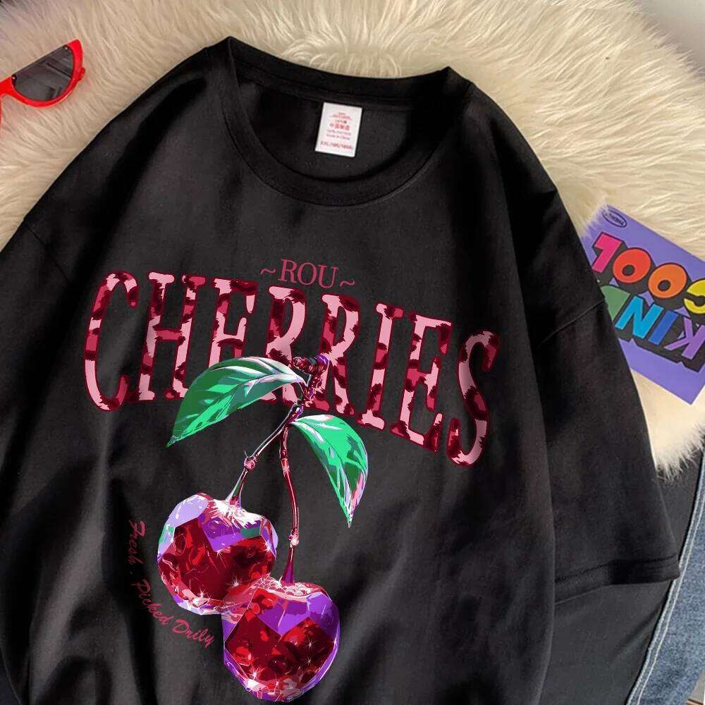 ROU Cherries T Shirt Women Purple Crystal Prints Oversize Cotton T-Shirts Casual O-Neck Short Sleeve Tops Summer Woman Clothes Z260314