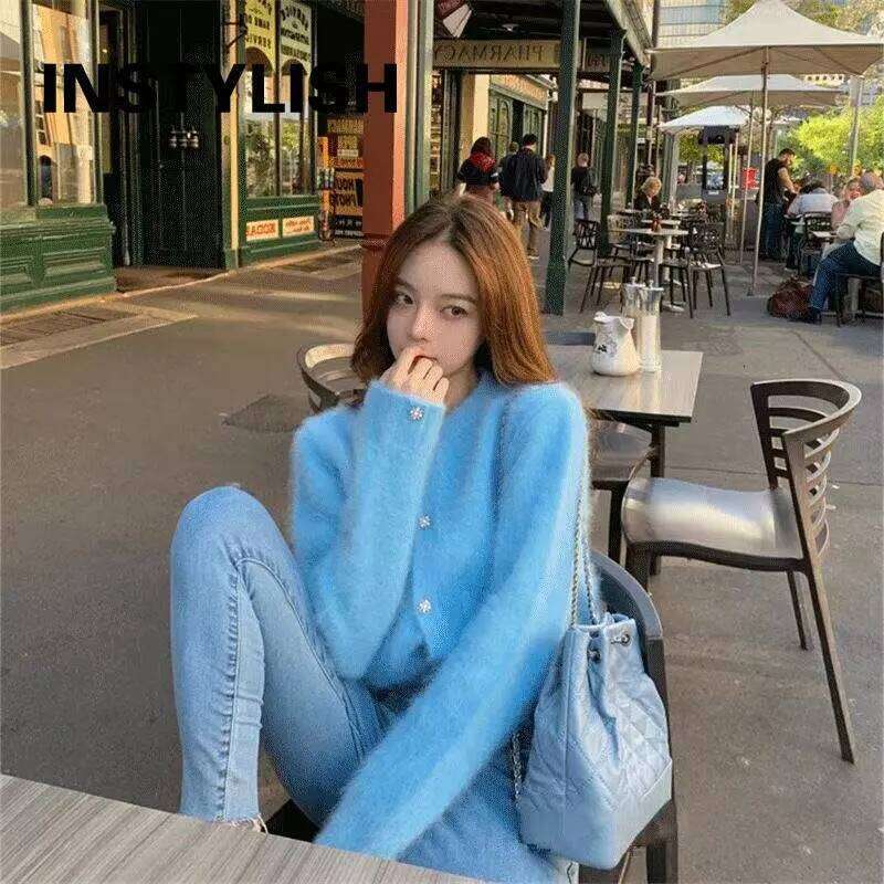 Elegant Cashmere Cropped Cardigan Knitted Sweater Coat Women Korean Harajuku Button Up Slim Cardigans Streetwear 2022 New Z260313