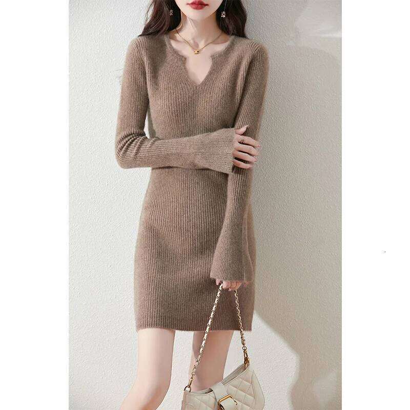 100% Merino Wool Elegant Knitted Dress Autumn Winter Women's Mid-Length Flare Sleeve Dresses Warm Sweater Bottoming Skirt Z260313