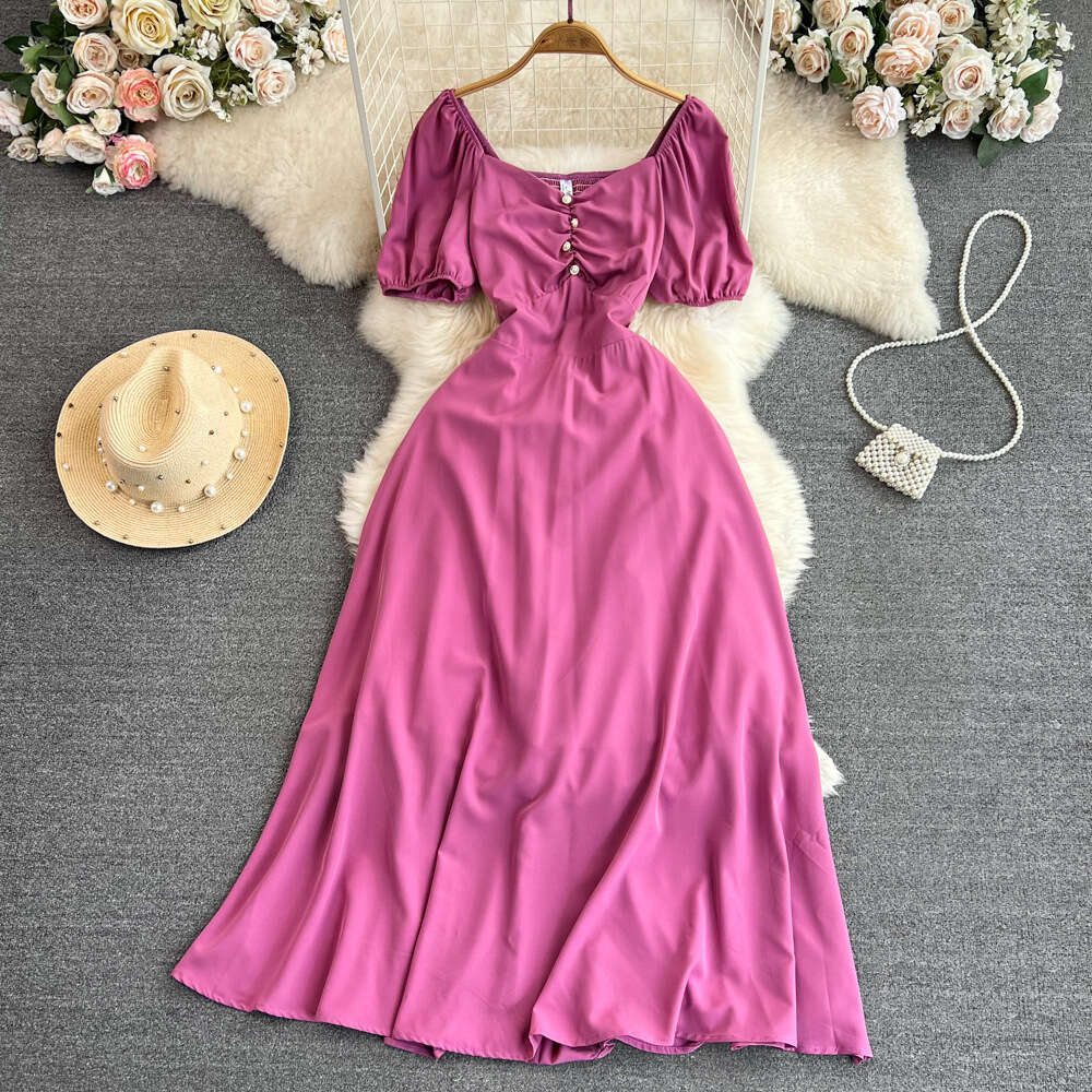 Designer wine red engagement dress French high-end style long skirt fluffy short sleeved square neck waist slimming A-line skirt