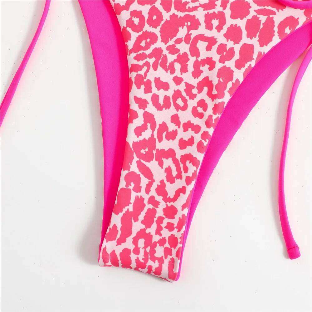Pink Leopard Print Triangle Bikinis Sets Sexy Swimsuit 2025 Micro Thong Swimwear Bathing Suit String Halter Bikini Mujer Biquini Y260303