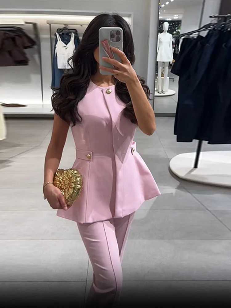 Womens Waist-Closed Vest Pant Suits Sleeveless O-Neck Solid Lady Sets 2025 Summer Fall Fashion 2 Pieces Set Women Outfits M260313