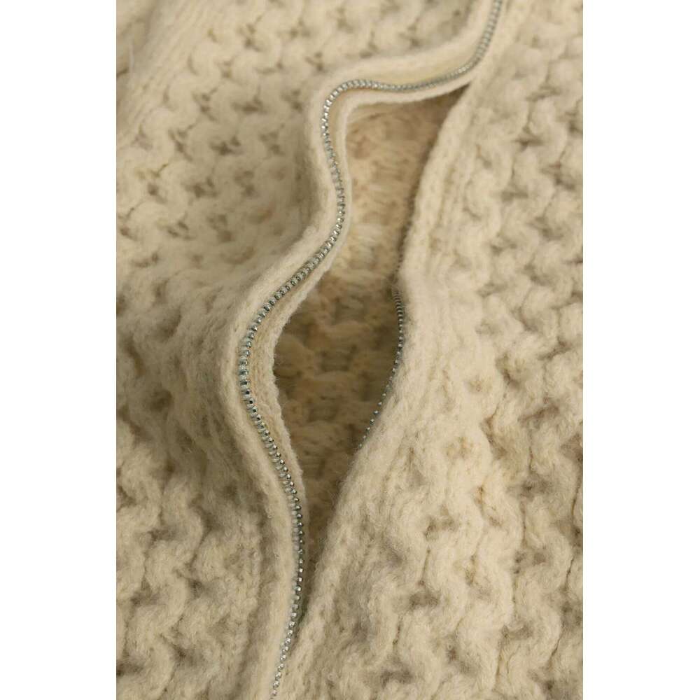 Women's Oversized Beige Cable Knit Sweater Casual Long Sleeve Half-Zip Pullover with Pockets Comfortable Knitwear Z260313