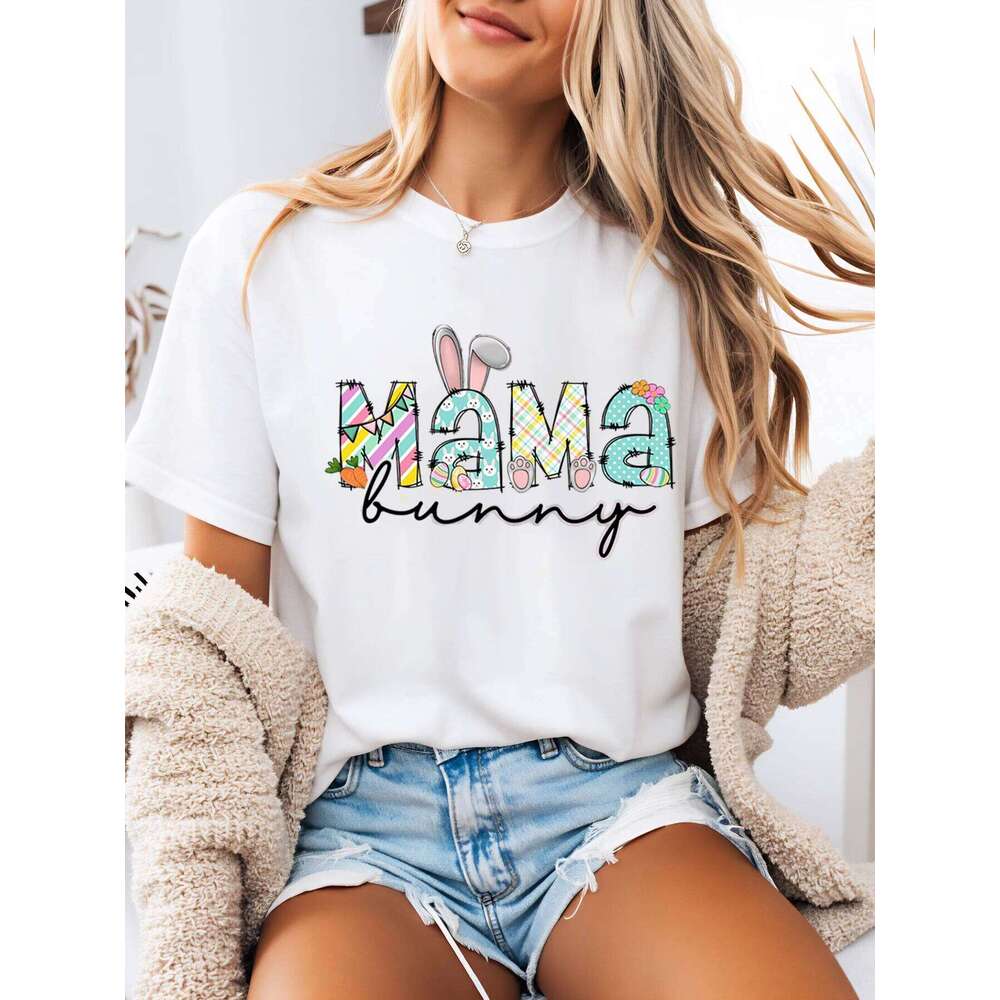 Mama Bunny Easter Printed T-Shirt Women Casual Spring Outfit White Plus-Size Z260314