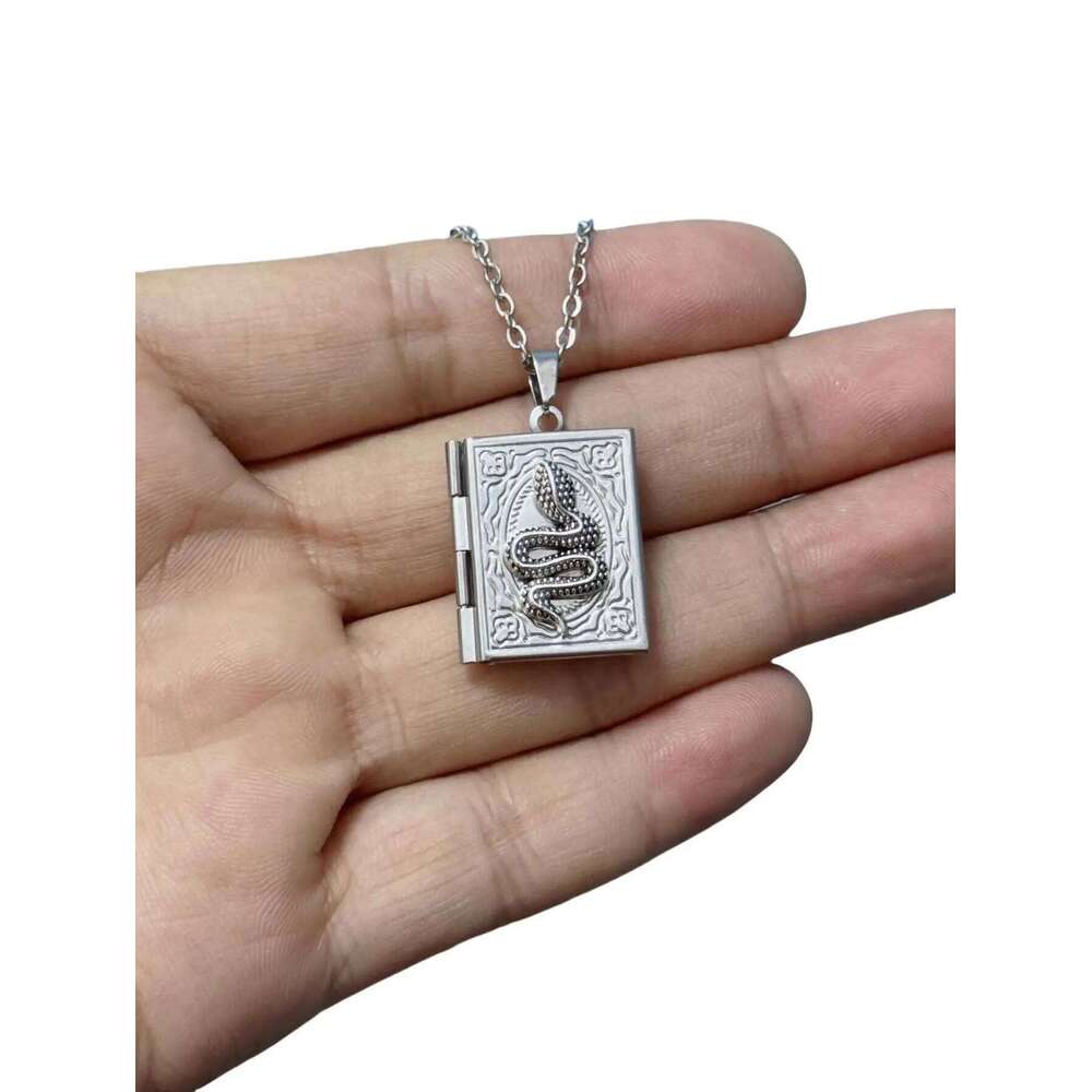 Gothic Book Animal Photo Box Charm, Fire Dragon Moth Snake Rose Bat Sun Necklace, Vintage Jewelry Gifts For Her/Him H260312