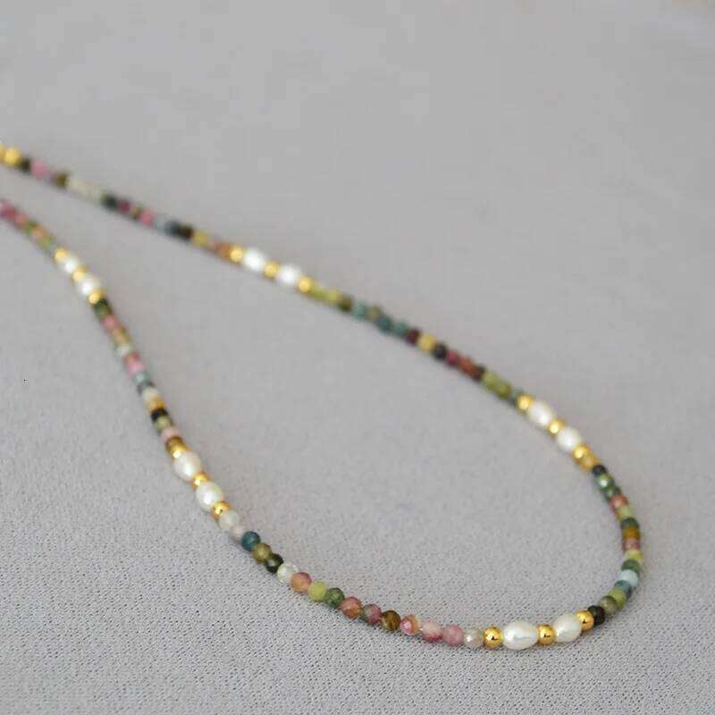 French retro art colored tourmaline real stone freshwater rice grain pearl bead short style fine necklace collarbone chain H260312