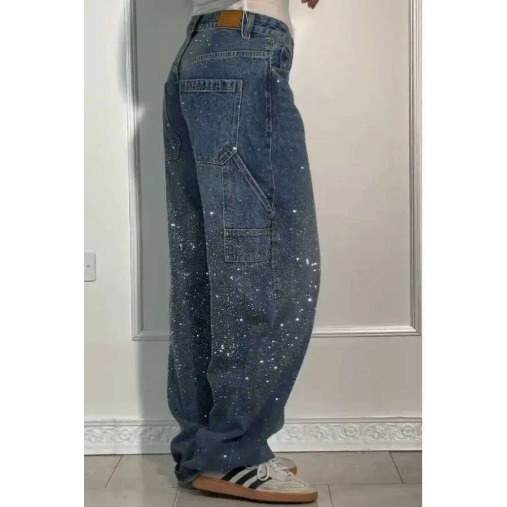 2025 New Rhinestone for Streetweart Wide Leg Denim Jeans Y2k Baggey Pants Korean Fashion Women Clothing Z260313