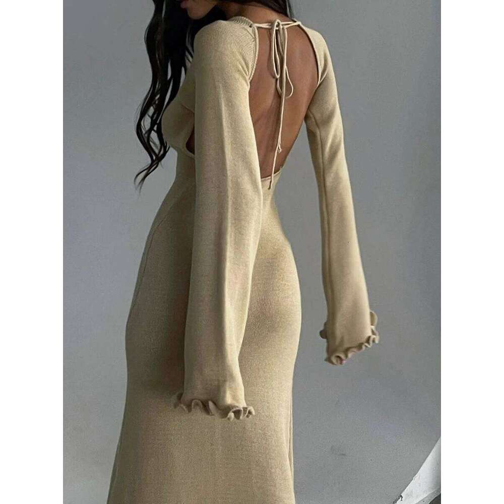 Sexy Backless Knitted Sweater Maxi Dress Outfits for Women Flare Sleeve Dresses Edible Tree Fungus Clothes 2024 Winter Z260313