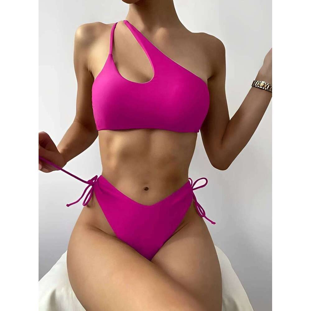 One Shoulder Bikinis 2025 Women Cut Out String Swimsuit Solid Sexy Swimwear Female Bathers Bathing Swimming Swim Suit Beachwear Y260303