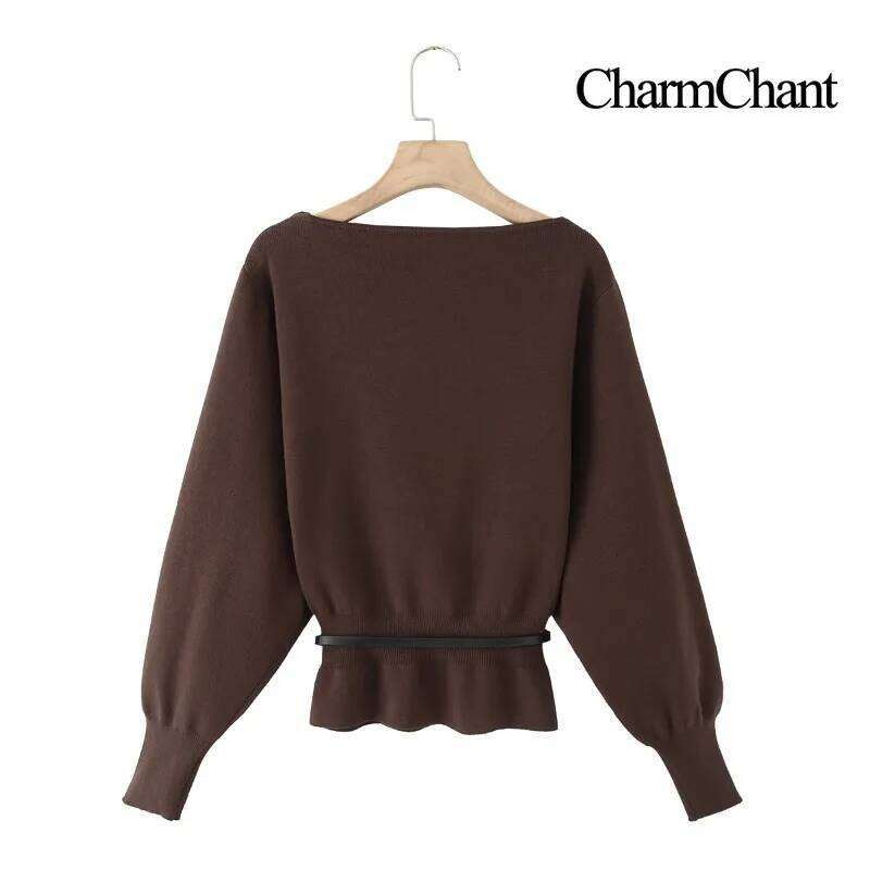 CharmChant Belted Waist Boat Neck Knit Sweater for Women Spring Autumn 2026 Cozy Knitwear Jumper Puff Sleeves Pullovers Woman Z260313