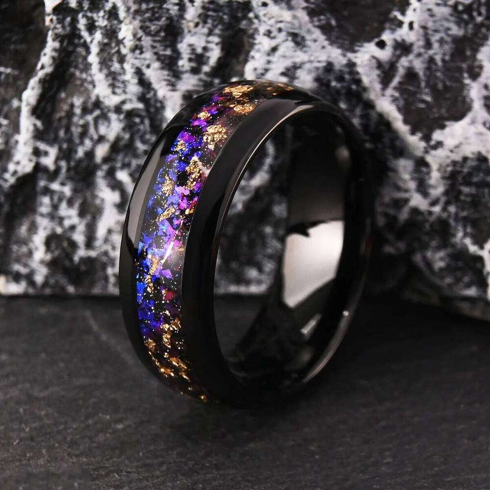 Black 8mm StarrySky and Golden leaf Tungsten Wedding Rings for Men Anti Scratch Band Fashion Comfort Jewelry Accessories Gift H260312