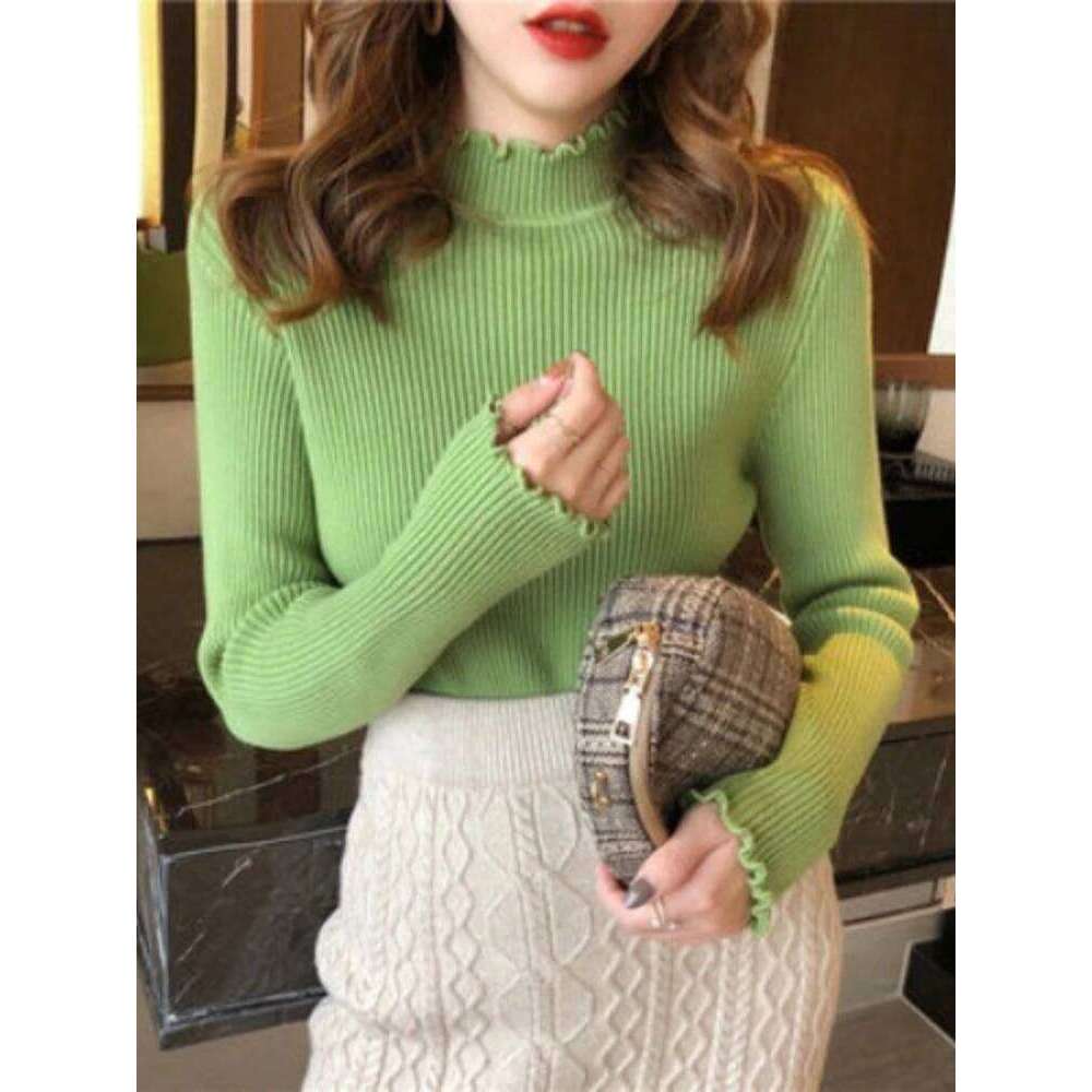 2025 Women's Knitted Sweater Autumn Winter Simple Base Layer Tops Wood Ear Edge Turtleneck Long Sleeve Pullovers Women Clothes Z260313