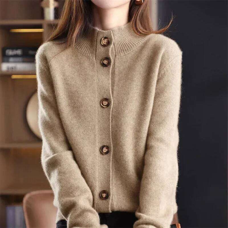 Autumn Winter New Stand collar Knitted Cardigan Solid Loose Short Jacket Women's Korean version Long sleeved Sweater Casual top Z260314