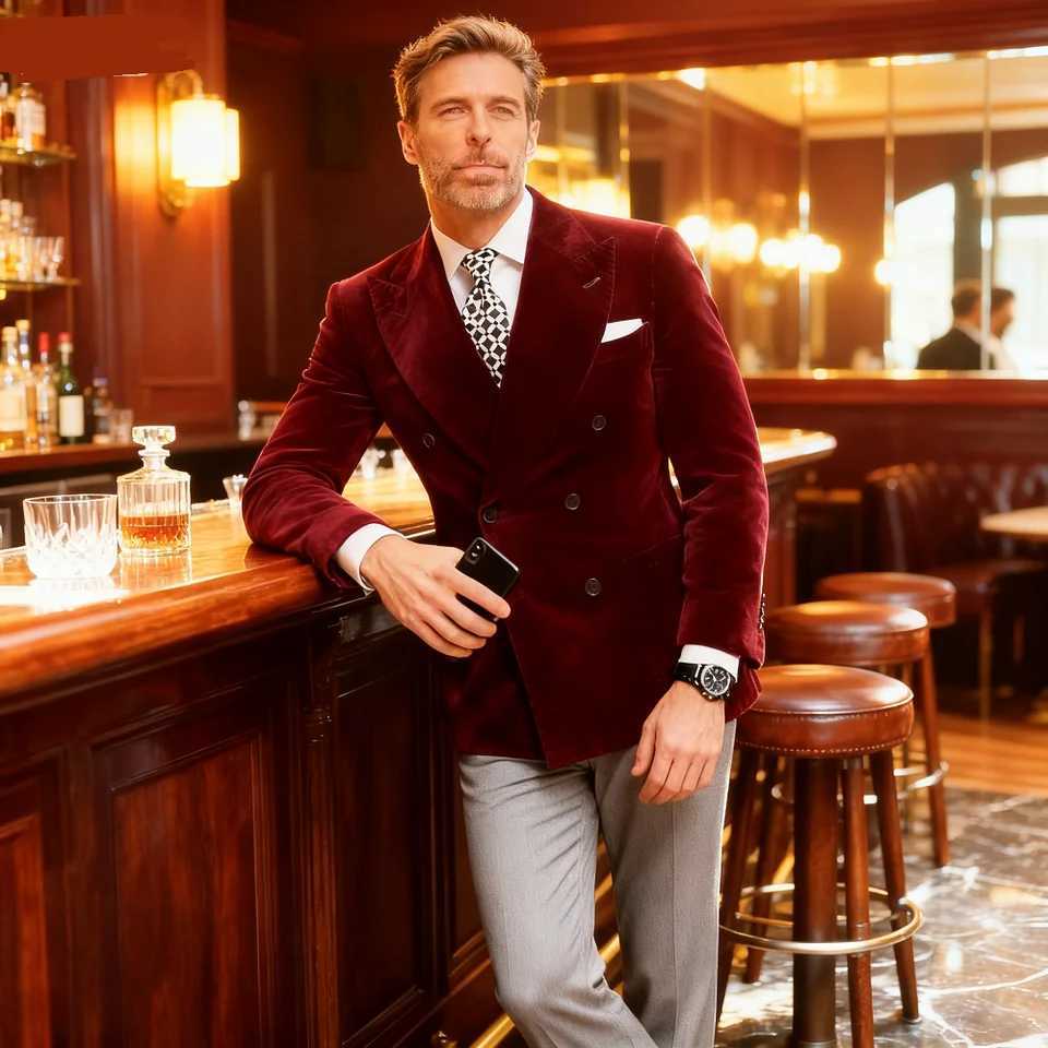 Mens Velvet Borgonha Blazer with Dinner Jacket Double Breasted Elegant Tuxedo Smoking Coat 2025 M260313