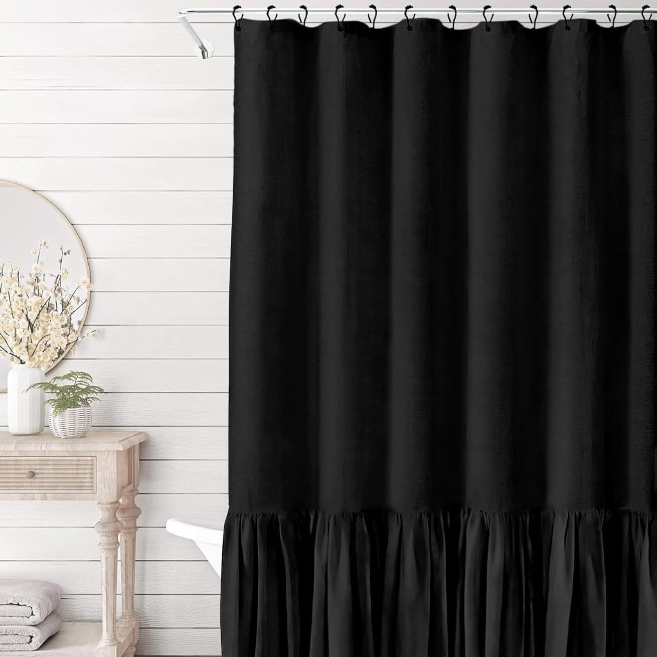 YL-38339 Toilet Partition Curtain with Lace Trim, Plain Color Patchwork Skirt Hem, Cotton Linen Waterproof Ruffle Edge Linen