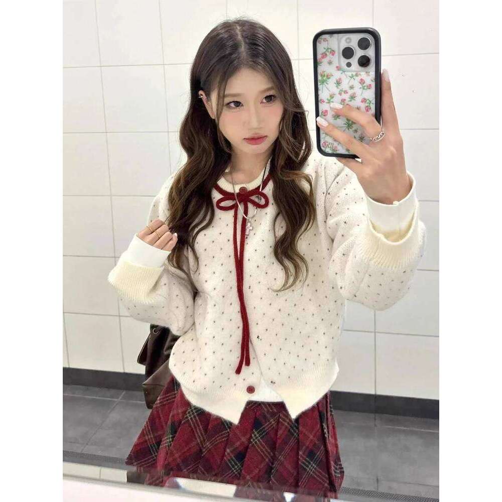 Korean Sweet Polka Dot Knitted Sweater Cardigan Women Design Fashion O Neck Y2k Jacket Tops Chic Preppy Style Retro Outfits New Z260313