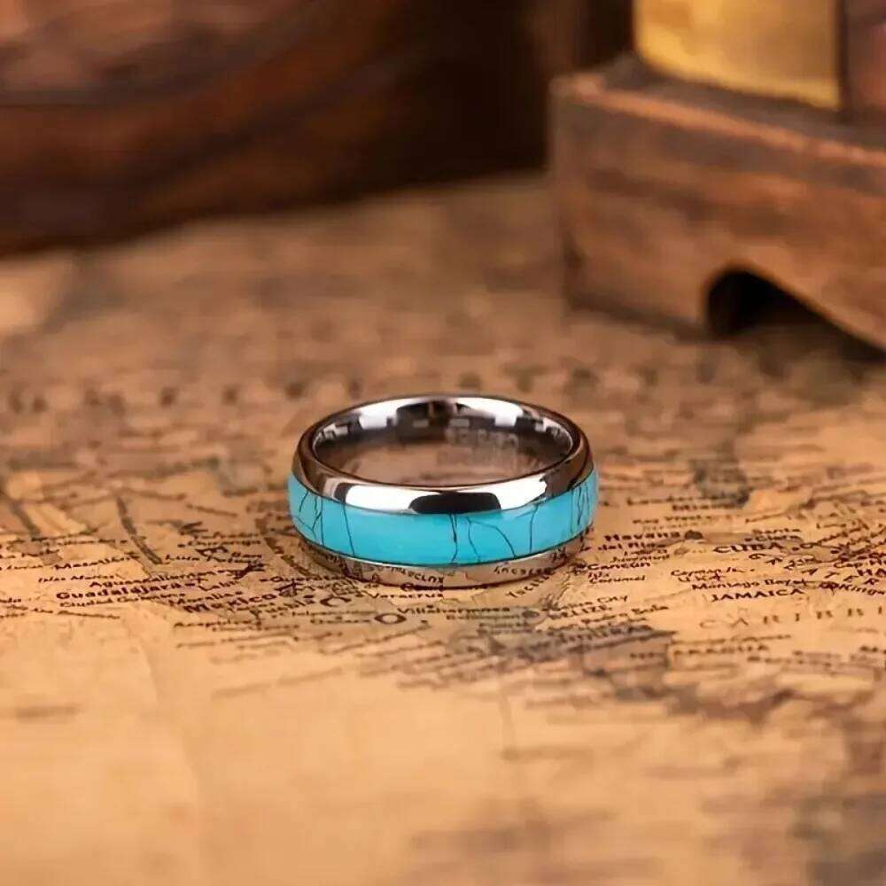 Hot Inlay Blue Turquoise Fashion 8MM Stainless Steel Rings for Men Women Wedding Engagement Band Jewelry Gift Dropship H260312