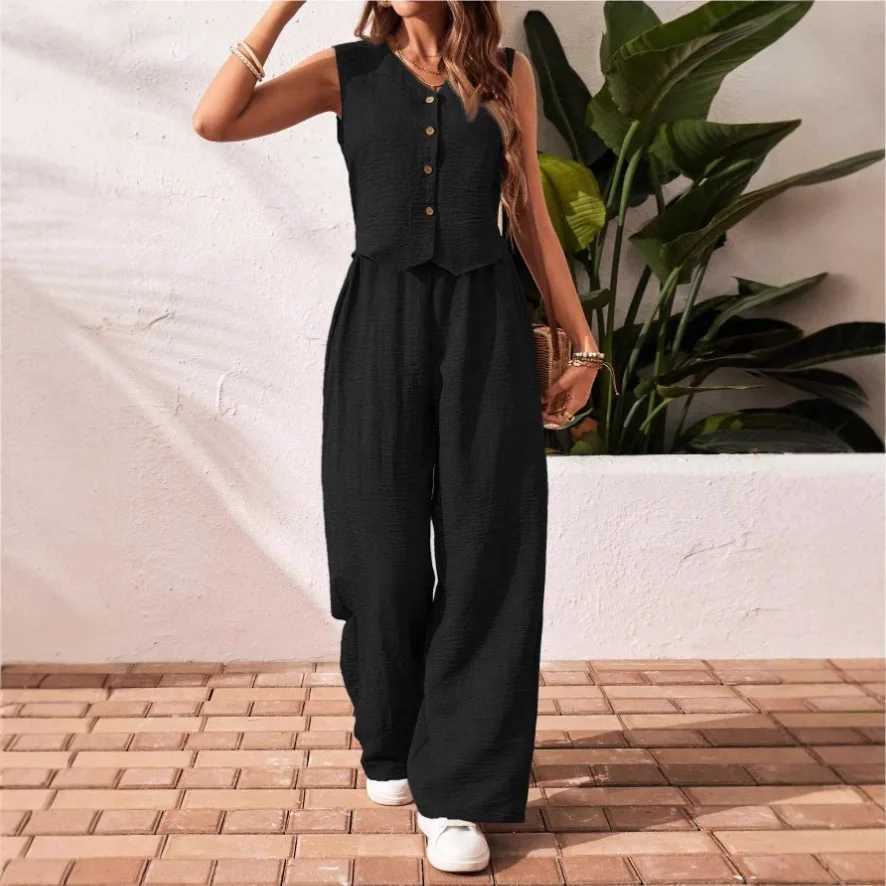 Spring Summer Bohemian Style Beach Vacation Set Women Sleeveless Vest Single-breasted Vest Wide-leg Pant Solid Color 2 Piece Set M260313