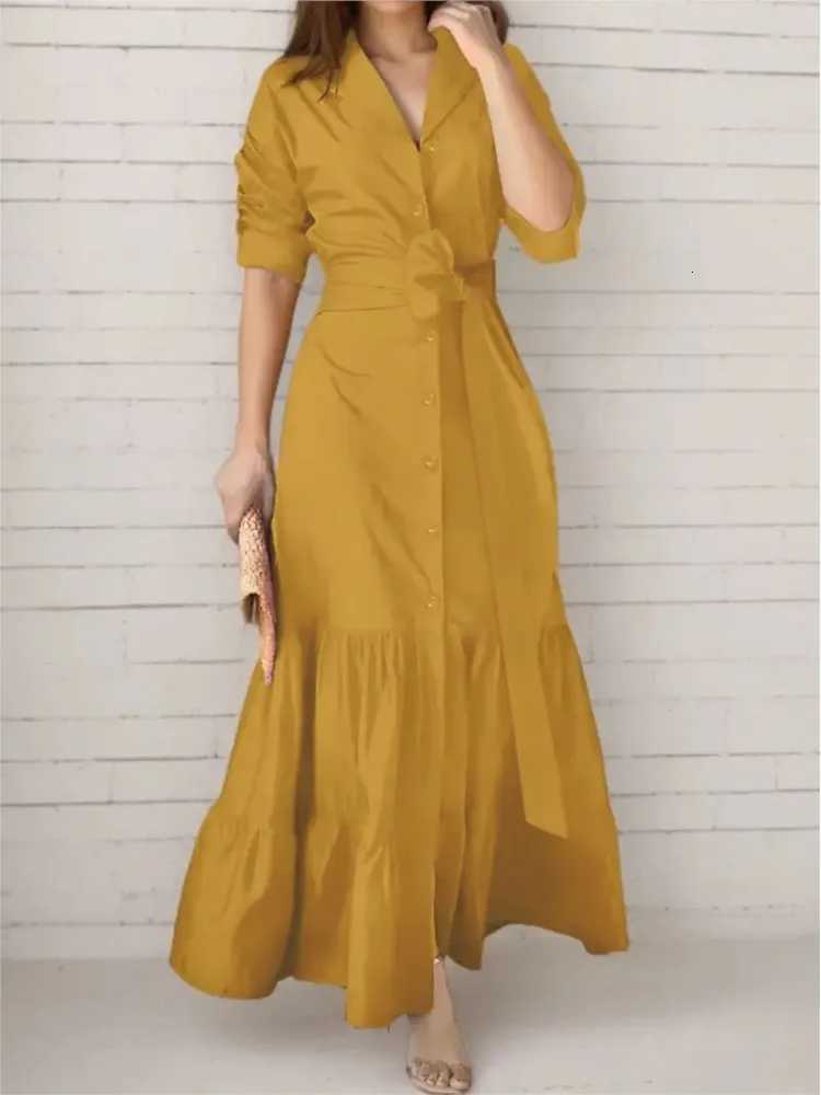 Elegant Womens Dress Summer Fashion Solid Color Long-sleeved Shirt Dress Boho Style Waist Lace-up Maxi Dresses Femme VestidosT260314