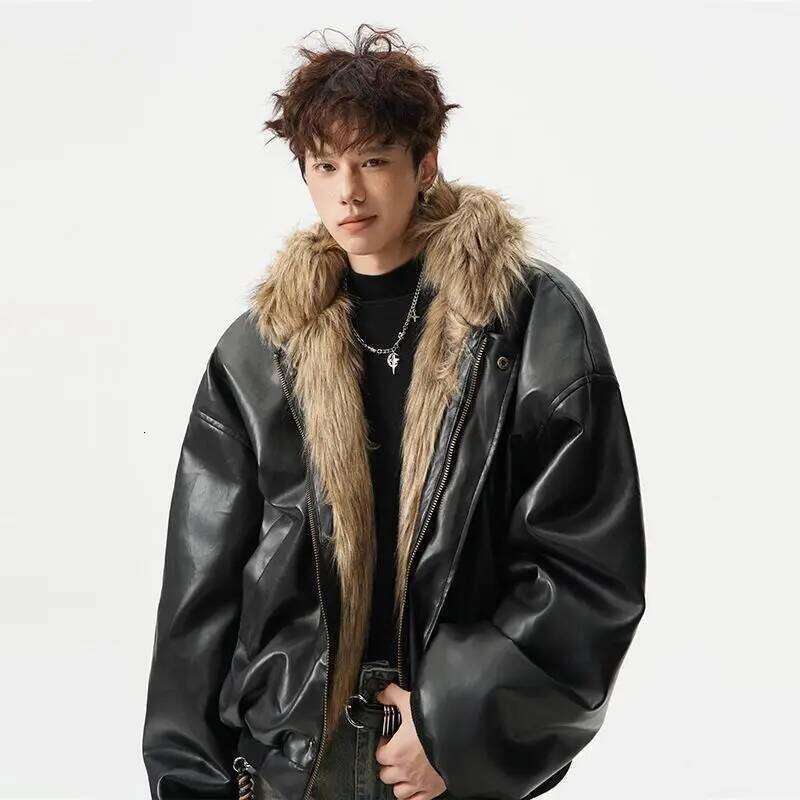 Fashion High-end PU Leather Jacket Cotton Clothes Men's 2025 Winter New Velvet Hooded Zipper Thickened Fur Integrated Coat Z260313