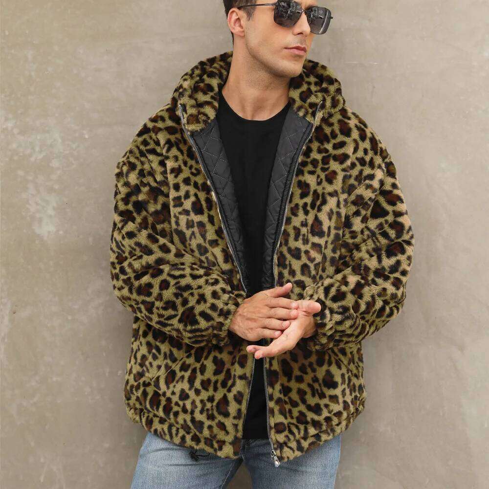 Autumn Winter New Fashion Men's Leopard Casual Trendy Daily Loose Simple Basic Zipper Hooded Faux Fur Coats Male Clothes Tops Z260313